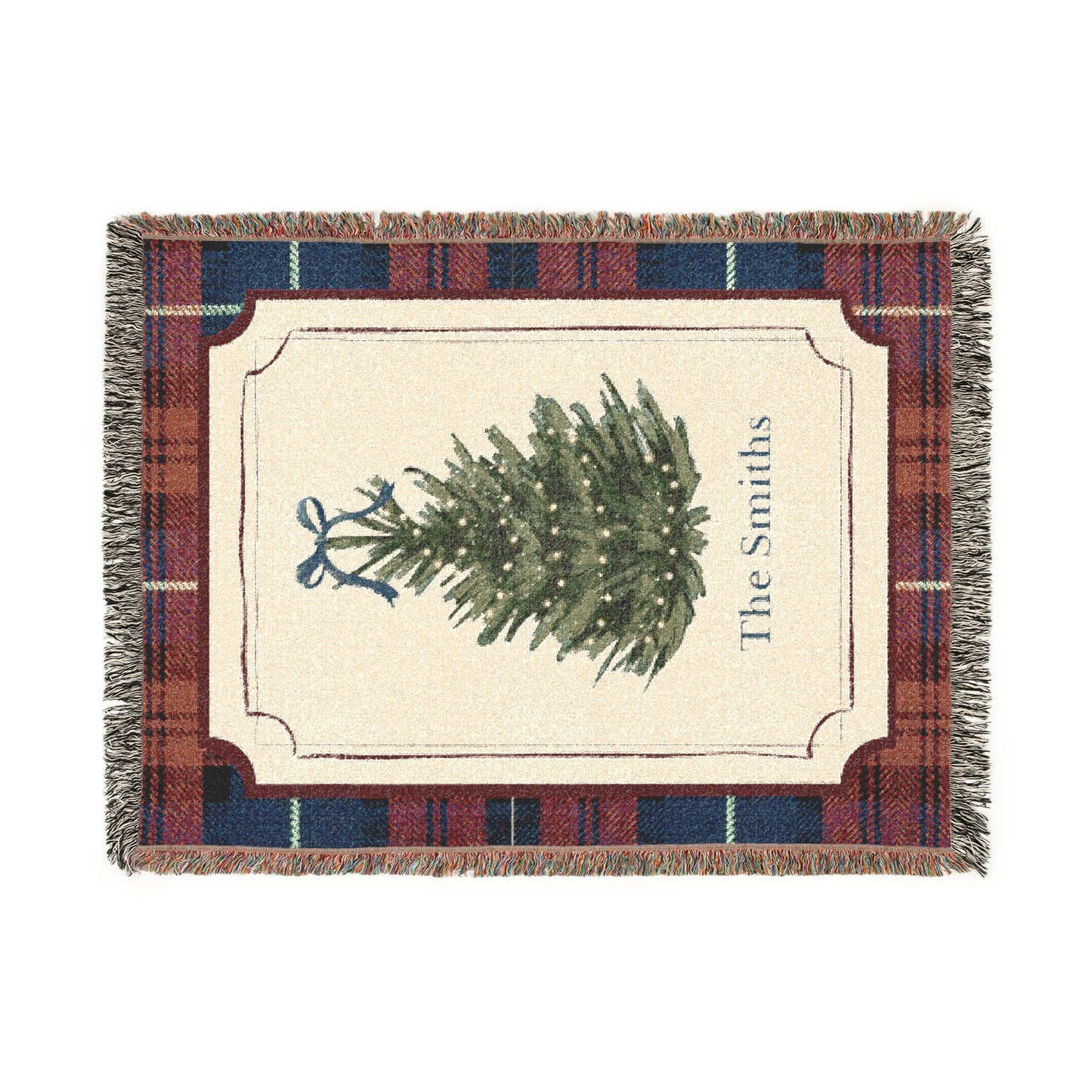 Copy of Vintage Christmas Tree Woven Blanket | Plaid Border, Personalized Name