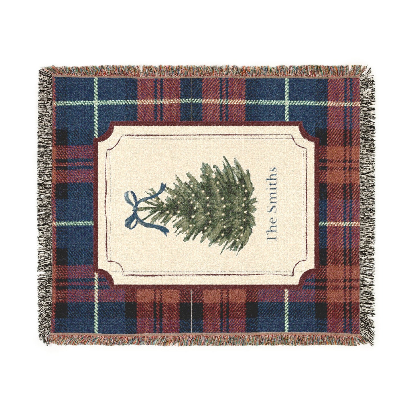Copy of Vintage Christmas Tree Woven Blanket | Plaid Border, Personalized Name