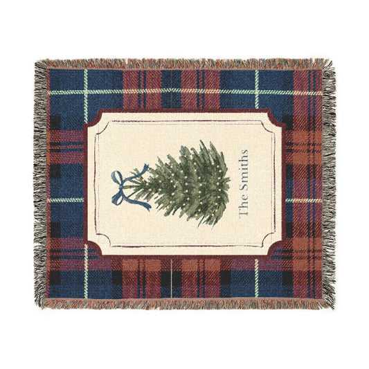 Copy of Vintage Christmas Tree Woven Blanket | Plaid Border, Personalized Name