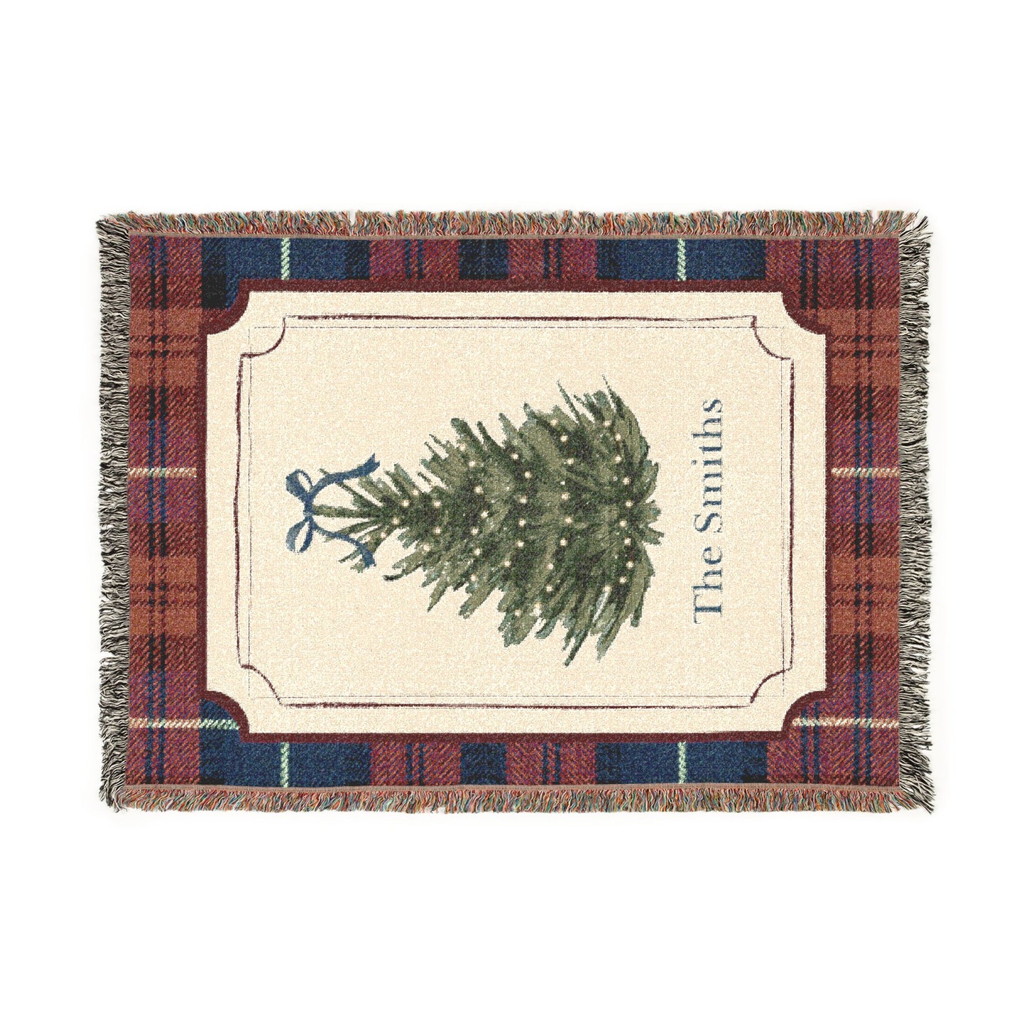 Copy of Vintage Christmas Tree Woven Blanket | Plaid Border, Personalized Name